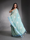 Sea Green Pure Cotton Soft Saree With Floral Embroidery Work-MA54CT33580087