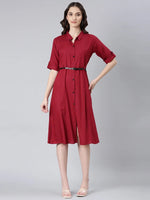 Women Maroon Solid Shirt Dress-DF-1508-Maroon