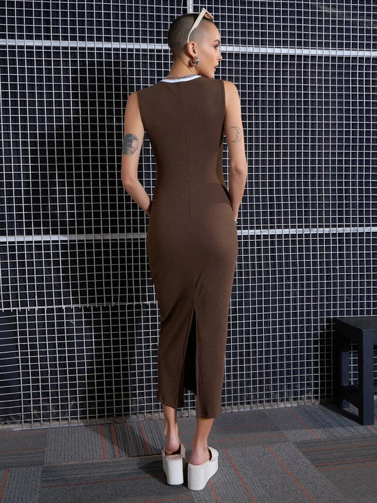 Women Brown Rib Contrast Binding Back Slit Midi Dress