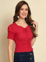 Red Solid Print Smocking Top