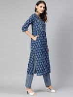 Ahika Women Blue Cotton Printed Straight Kurta Pyjamas Set