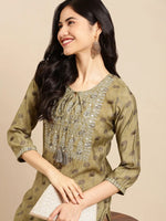 Women's Green Printed Straight Kurta-AT-A382-K-Olive