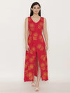 Block Printed Front overlap Maxi dress in Red