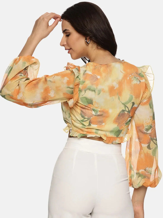 Floral Yellow Front Gathered Crop Top-17314