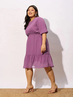 Women Purple Dobby Puff Sleeve Skater Dress