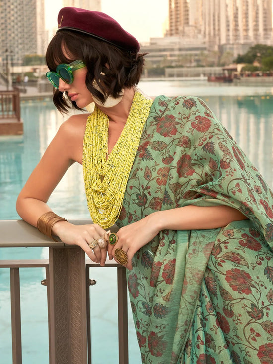 Saree Mall Women's Tissue Sea Green Printed Designer Saree With Blouse Piece-KEEYAH377001