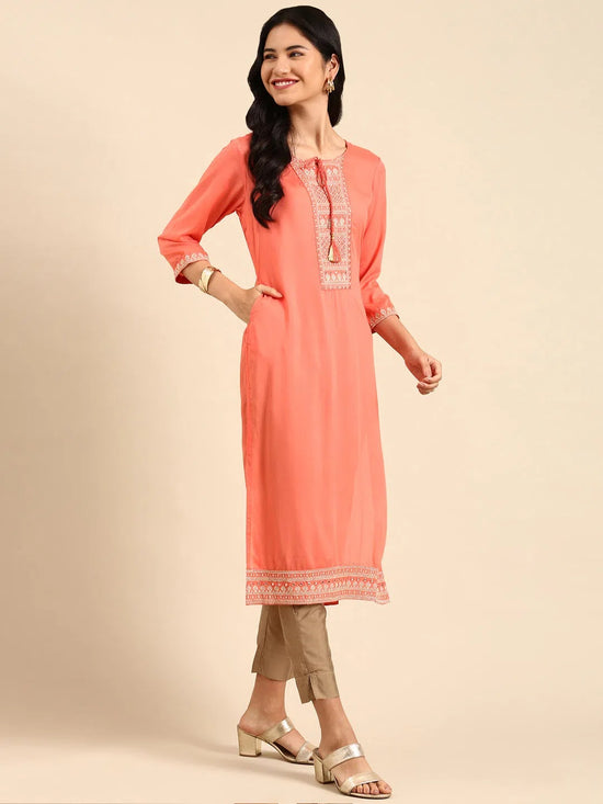 Women's Pink Printed Straight Kurta-NJ-3451419-Peach