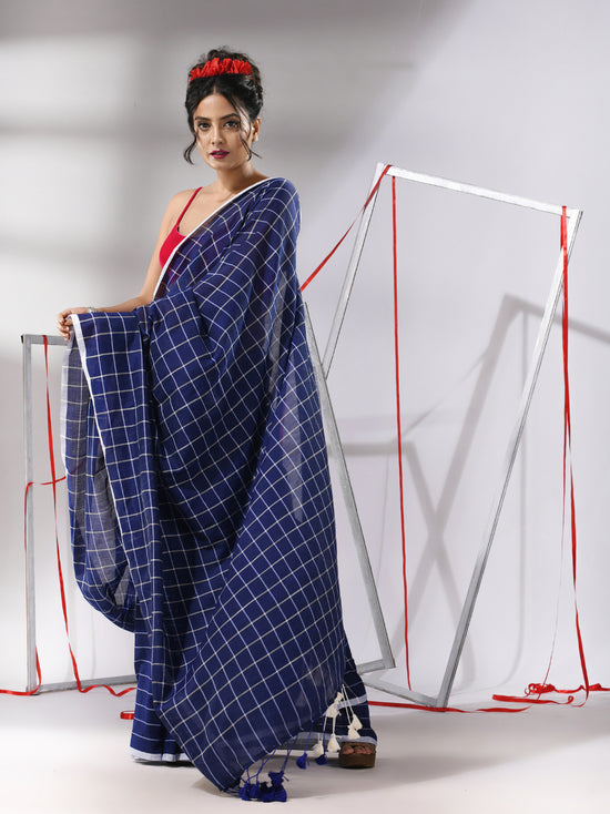 Blue Cotton Saree With Check Designs-MA55CT06520140