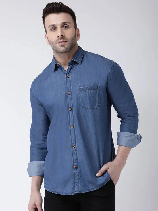 Hangup Men Slim Solid Shirts-CollarDarkDenimShirt