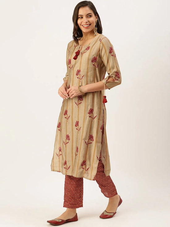 Women's Beige Printed Kurta Sets-FS-2199-Beige