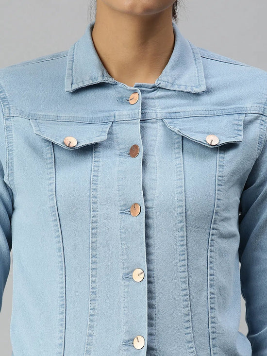 Women's Blue Solid Denim Jacket Jackets-AG-7901-Blue