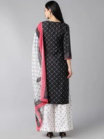 Ahika Women Black Polyester Printed Straight Kurta Palazzo Set With Dupatta