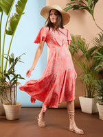 Women Peach Floral Asymmetric Hem Midi Dress