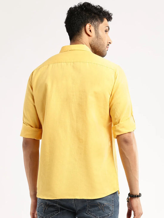 Men Yellow Solid Shirt Collar Casual Short Kurta-LAGOM-2022-Yellow