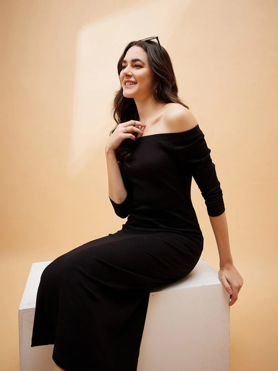 Women Black Rib Off Shoulder Midi Dress