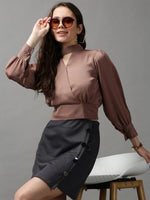 Women's Taupe Solid Top-AE-7050-Taupe