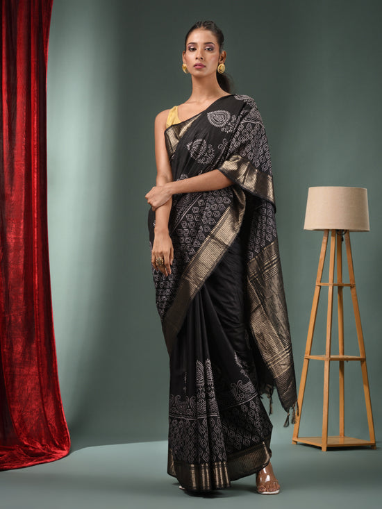 Black Blended Silk Handwoven Saree With Zari Border-MA50BSL34830110