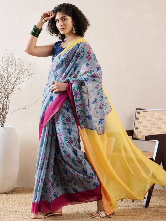 Ahika Women Grey Linen Ikat Printed Saree-VFSAR1036