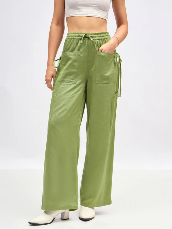 Women Olive Twill Waist Drawstring Cargo Pants