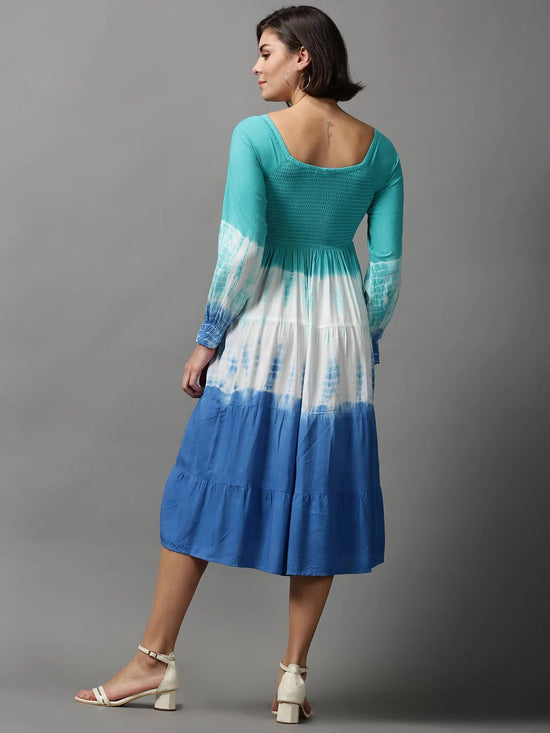 Women's Blue Tie Dye Fit and Flare Dress-ON-582-Turquoiseblue