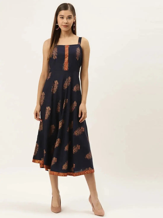 Shoulder strap flared midi dress in navy