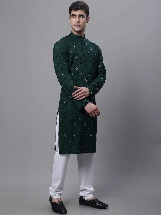 Men's Olive Green Embroidered Mirror Work Kurta Pyjama-JOKP-646Olive