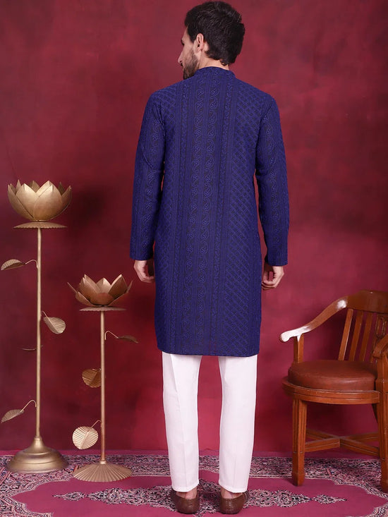 Men's Chikankari Embroidered Kurta Pyjama Set.-JOKP-5021Navy