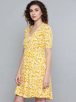 Yellow Ditsy Floral Wrap Skater Dress