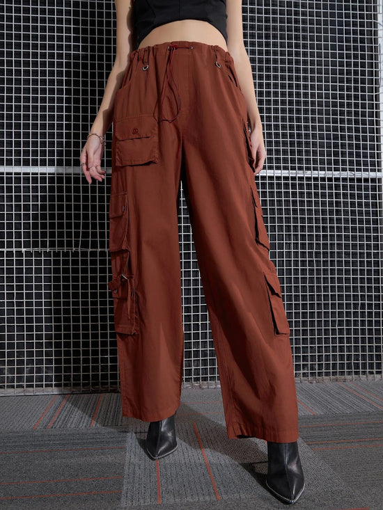 Women Rust Poplin Multi Pocket Cargo Pants