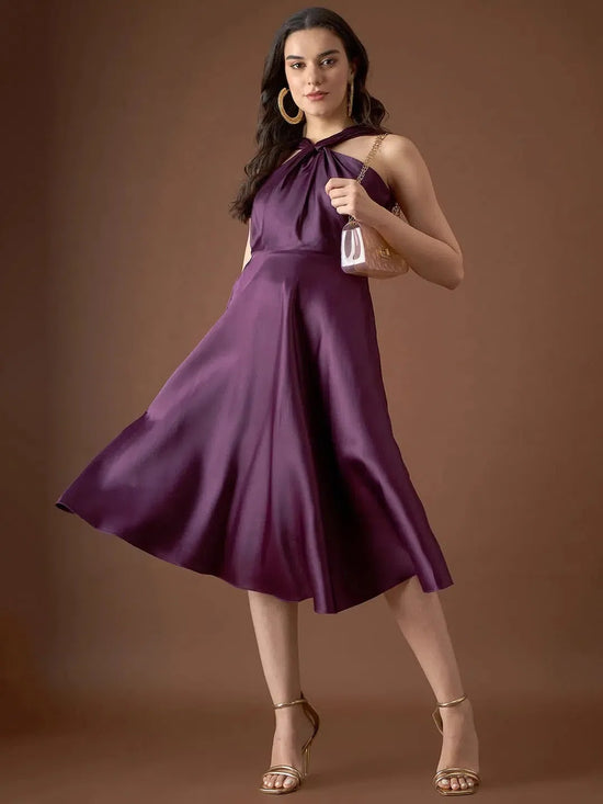 Draped neck midi dress in Purple Color