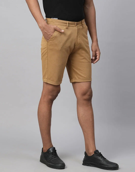 Genips Men's Khakhi Cotton Lycra Slim Fit Shorts