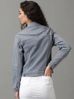 Women's Grey Solid Denim Jacket-LT-JKT-105372-Grey