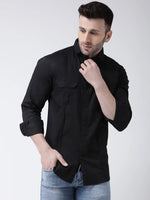 Hangup Men Slim Solid Shirts-BlackDoublePkt