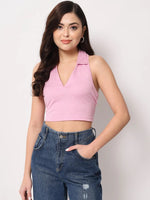 Pink Halter Neck Collar Top