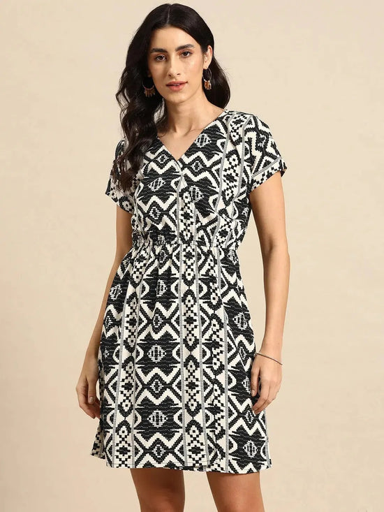 Overlap printed kimono sleeve short dress in Black and Cream Ikkat Print