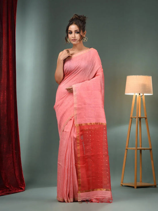 Punch Pink Matka Handwoven Saree With Zari Border-MA50MT062200062