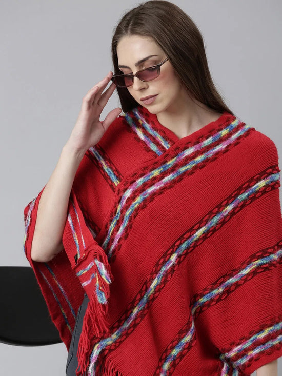 Women Red Self Design Longline Poncho-CHN-9971-6-Red