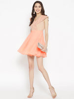 Broad collar with block print Skater Dress in Light peach