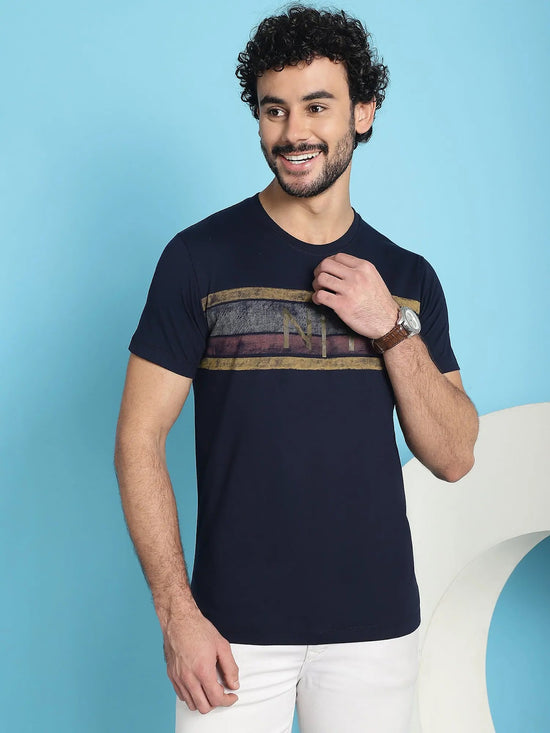 Venitian Men Printed Round Neck Navy Cotton T-Shirt