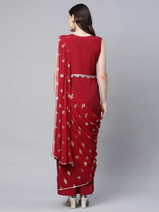 Ahalyaa Women Maroon Crepe Georgette Printed Saree Dress With Printed Pallu