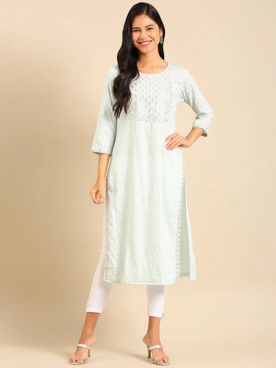 Women's Sea Green Printed Straight Kurta-AT-A-490-Seagreen