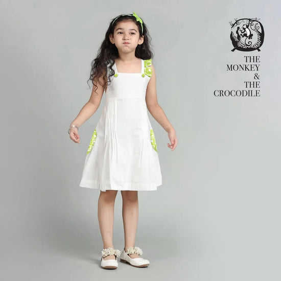 Cotton White Crisscross Back Frock For Girls with The Monkey & The Crocodile Print