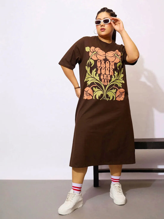 Women Brown GROW YOUR OWN WAY T Shirt Dress