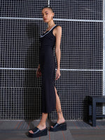 Women Black Rib Contrast Binding Back Slit Midi Dress