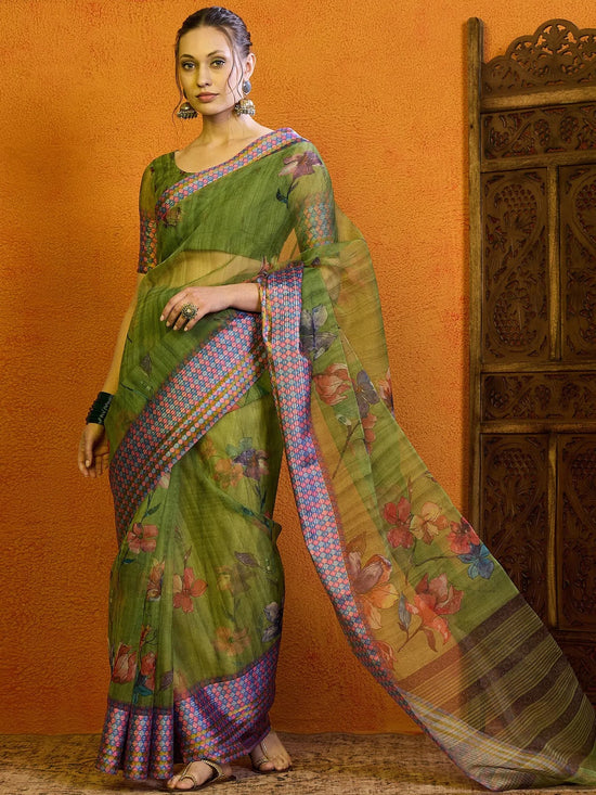 Saree Mall Women's Organza Green Printed Designer Saree With Blouse Piece-SUNFLWR103