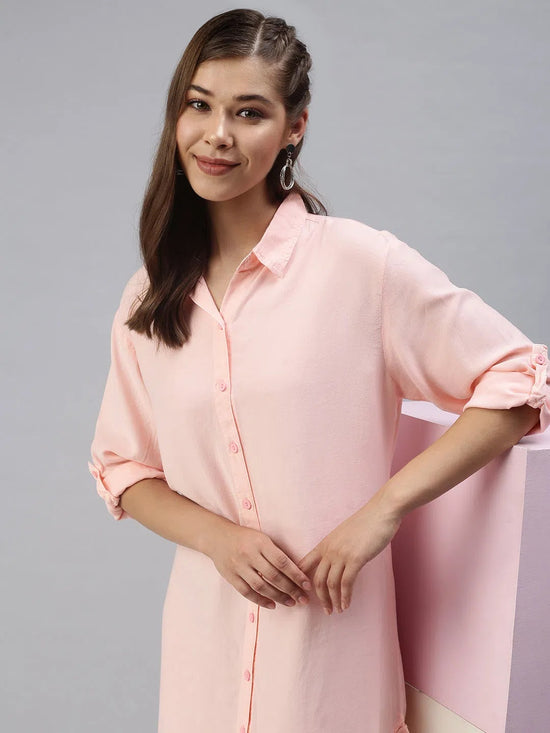 Women's Pink Solid Shirt Dress-AE-444584-Peach