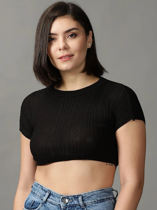 Women's Black Solid Fitted Crop Top-JD-E210-Black