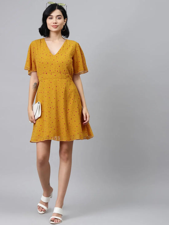 Mustard Flock Print Skater Dress