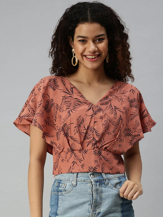 Women's Printed Brown Top-AE-10184-Brownnavyblue