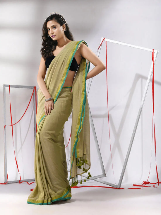 Sap Green Soft Cotton Saree With Zari Border-MA55CT06500040